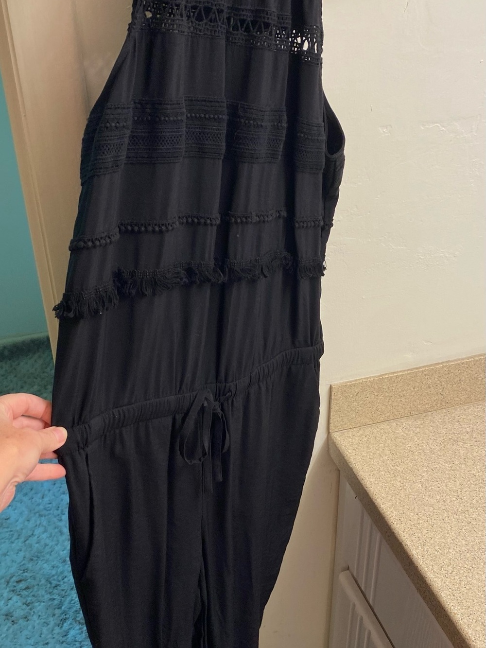 LOFT Black Fringe-Trim crop pant romper with Drawstring Waist